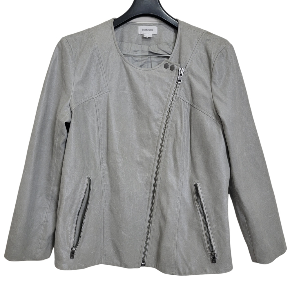 Helmut Lang Gray Beige Oxum Calf Leather Distressed Motorcycle Jacket Large